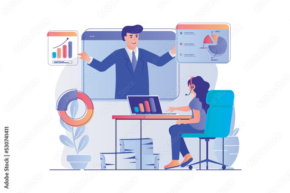 Obraz premium Business webinar concept with people scene. Woman watching online training video with business coach, analyzing data and improves skills. Vector illustration with characters in flat design for web