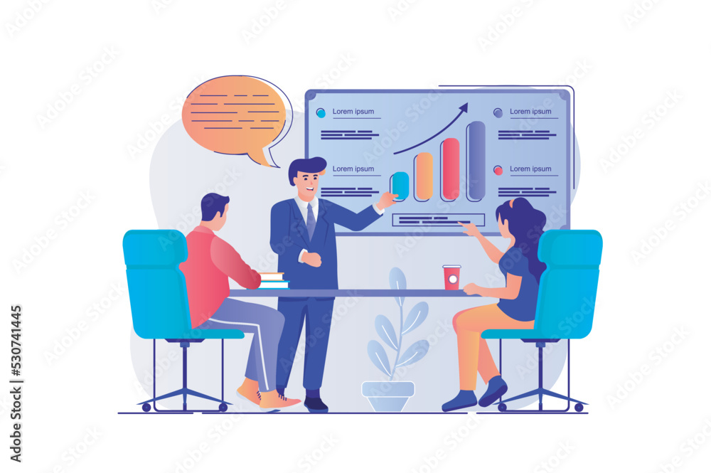 Business meeting concept with people scene. Man and woman discussing presentation, doing work tasks and create company financial strategy. Vector illustration with characters in flat design for web