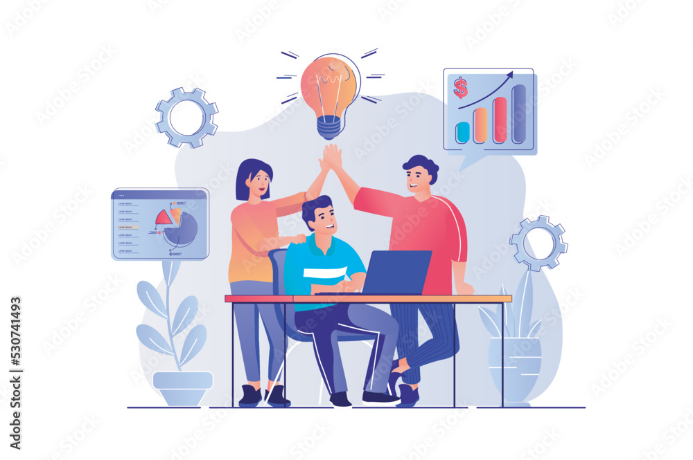 Teamwork concept with people scene. Man and woman brainstorming colleagues discuss work tasks, generate ideas and collaboration in office. Vector illustration with characters in flat design for web