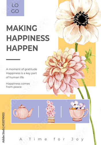 Poster template with happiness happen day concept,watercolor style