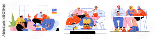 People play computer game, board game and eat together isolated on white background. Concept of friend meeting for hobby, friendship, vector flat illustration