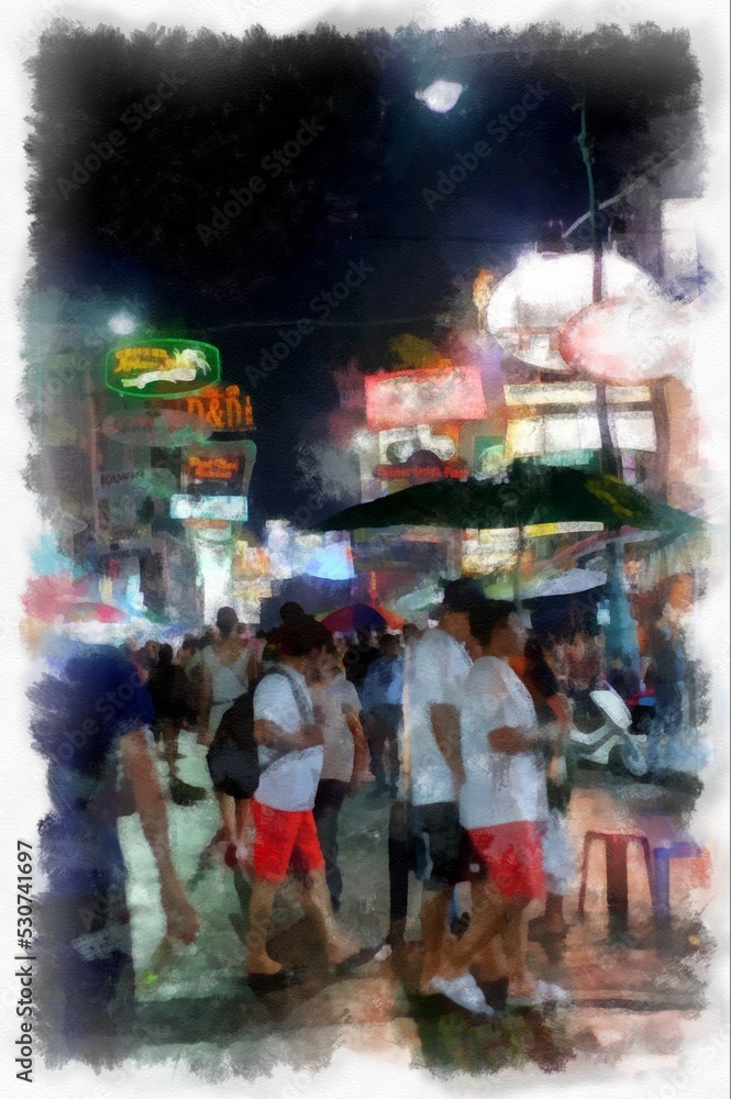 Landscape of Khao San Road and street food stalls in Bangkok watercolor style illustration impressionist painting. Landscape of Khao San Road and street food stalls in Bangkok watercolor style illustration impressionist painting.