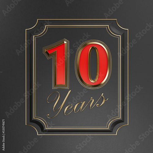 Red inscription  ten years (10 years) with gold edges on a dark background with gold edging