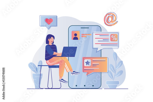 Social media marketing concept with people scene. Woman making promo posts and promo mailing using mobile application, online promotion. Vector illustration with characters in flat design for web