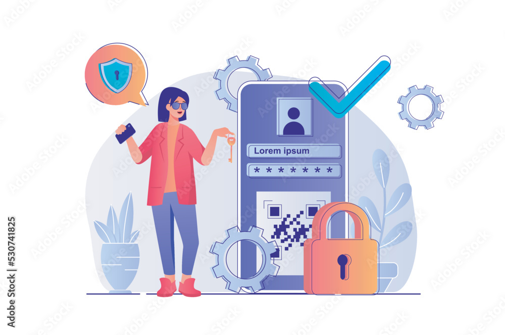 Cyber security concept with people scene. Woman accesses mobile application using safety password, online protection of personal accounts. Vector illustration with characters in flat design for web Cyber security concept with people scene. Woman accesses mobile application using safety password, online protection of personal accounts. Vector illustration with characters in flat design for web