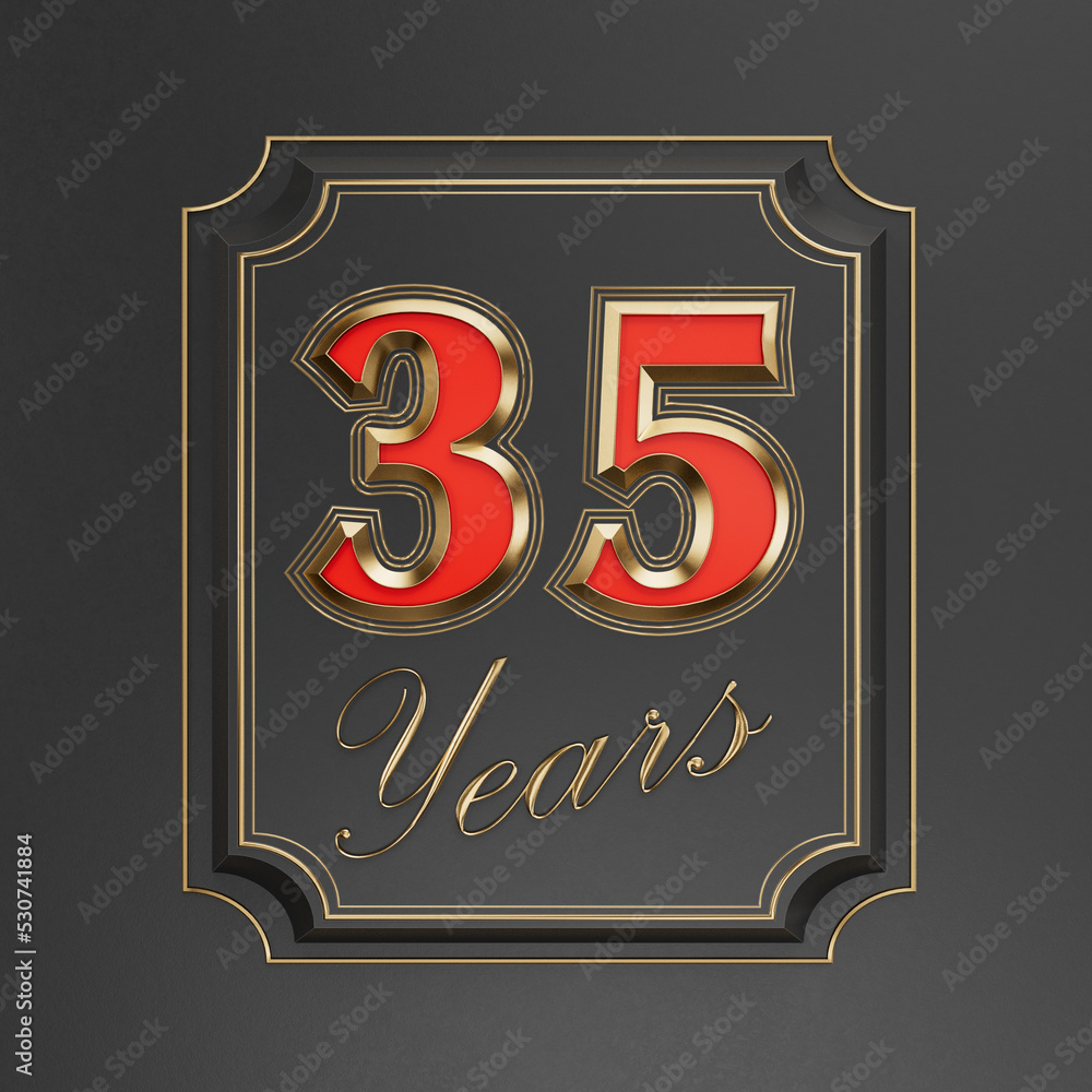 Red inscription  thirty-five years (35 years) with gold edges on a dark background with gold edging
