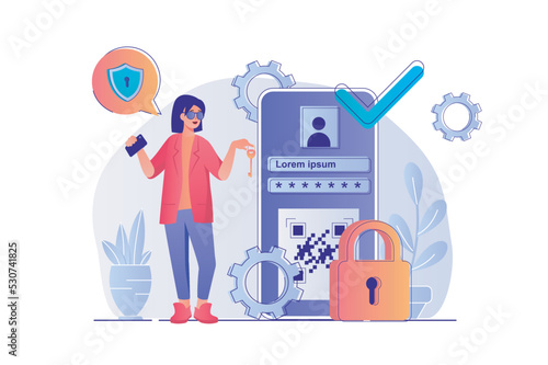 Cyber security concept with people scene. Woman accesses mobile application using safety password, online protection of personal accounts. Vector illustration with characters in flat design for web
