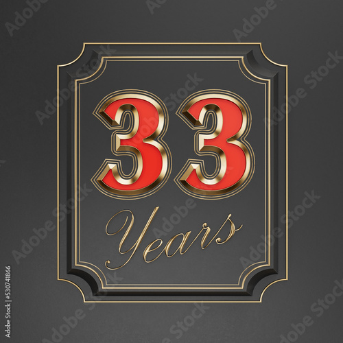 Red inscription thirty-three years (33 years) with gold edges on a dark background with gold edging