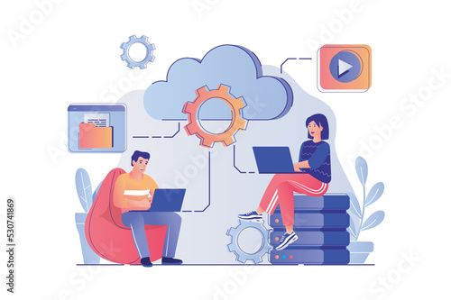 Cloud computing concept with people scene. Man and woman processing information at laptops using cloud technology, data storage and backup. Vector illustration with characters in flat design for web