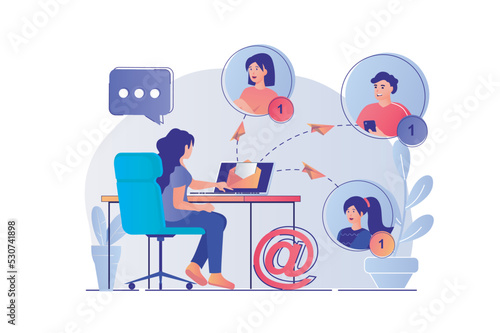 Email service concept with people scene. Woman keeping online correspondence, chatting, receiving and sending letters for online friends. Vector illustration with characters in flat design for web