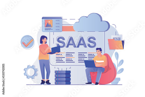 SaaS concept with people scene. Woman and man uses software as service, online subscription to programs, data center and cloud technology. Vector illustration with characters in flat design for web