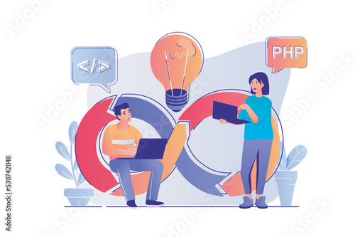 DevOps concept with people scene. Woman and man collaborates on project, brainstorming, programming and management, teamwork communication. Vector illustration with characters in flat design for web