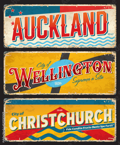 Auckland, Christchurch, Wellington, New Zealand travel stickers, vector vintage plates. New Zealand vacations and journey trip luggage tags and retro tin signs with cities landmarks and emblems