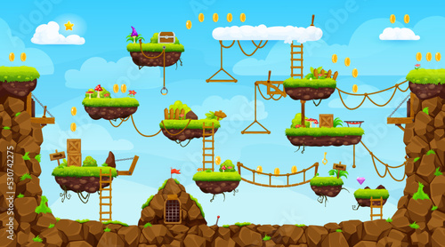 Arcade game level map intefrace. Platform, stairs, coins, bonus and quest icons. Vector landscape with floating ground islands with grass, ropes and ladders. Video game background, adventure world
