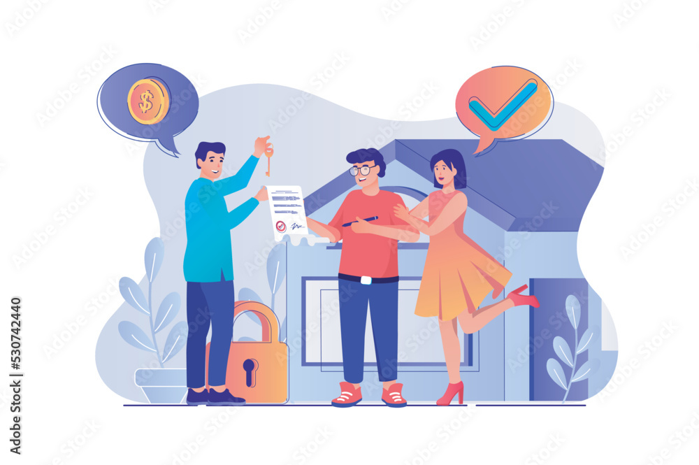 Real estate concept with people scene. Woman and man choosing apartment and buying new house, agent makes deal with buyers and gives key. Vector illustration with characters in flat design for web Real estate concept with people scene. Woman and man choosing apartment and buying new house, agent makes deal with buyers and gives key. Vector illustration with characters in flat design for web