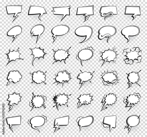 Comic speech bubbles, isolated think and talk balloon clouds, cartoon vector. Comic speech dialog icons, blank empty message chat dialogue, speak or thought bubble templates, pop art sound balloons