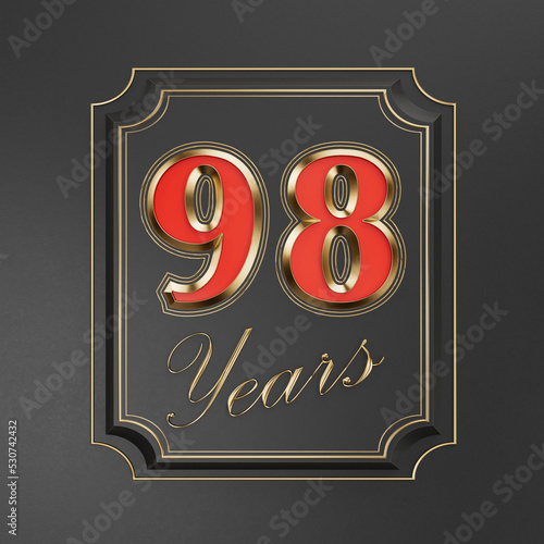 Red inscription  ninety-eight years (98 years) with gold edges on a dark background with gold edging