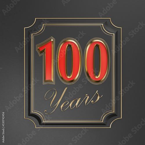 Red inscription  one hundred years (100 years) with gold edges on a dark background with gold edging