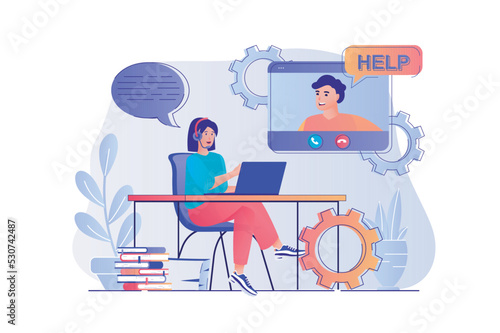 Customer service concept with people scene. Woman working as call center operator or hotline consultant in headset and talking with client. Vector illustration with characters in flat design for web