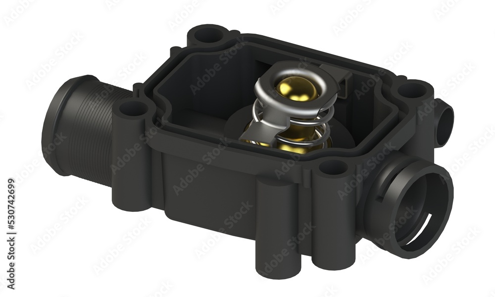 Thermostat engine cooling system, 3D rendering isolated on white background. Automotive spare parts. Thermostat engine cooling system, 3D rendering isolated on white background. Automotive spare parts.
