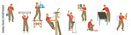 Electrician worker with tools, ladder and wires doing maintenance works isolated on white background. Repair service technician, engineer of electricity job. Cartoon linear flat vector illustration