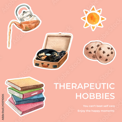 Sticker template with self care hobbie concept,watercolor style
