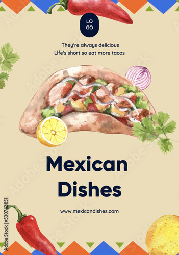 Poster template with taco day concept,watercolor style