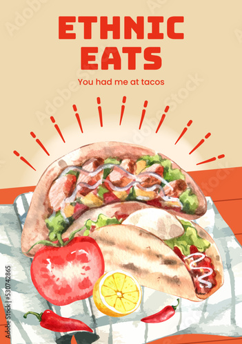 Poster template with taco day concept,watercolor style