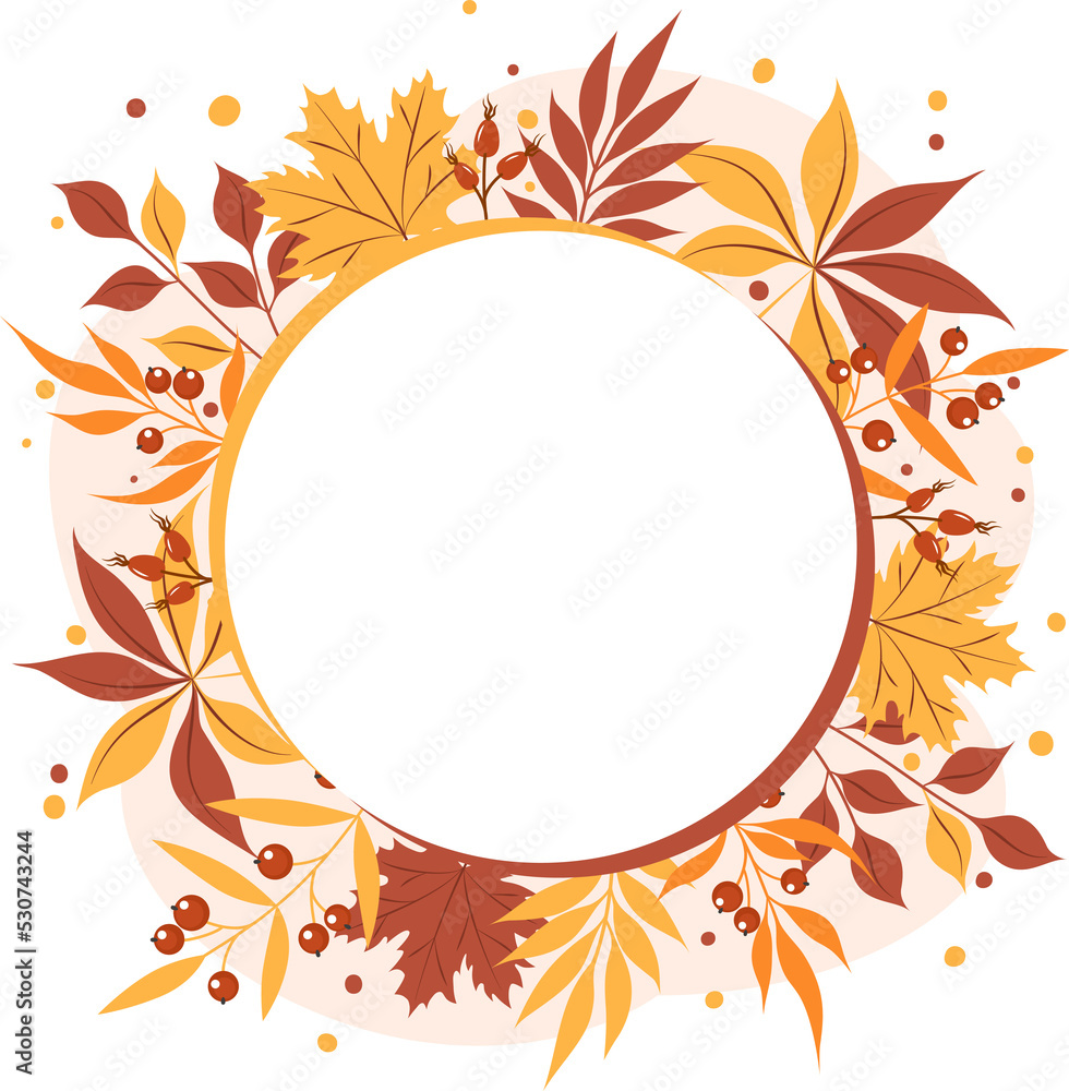 Autumn leaves frame, copy space. Circular shape with beautiful bright leavesaround. Design for greeting card or promotional poster. Autumn leaves frame, copy space. Circular shape with beautiful bright leavesaround. Design for greeting card or promotional poster.