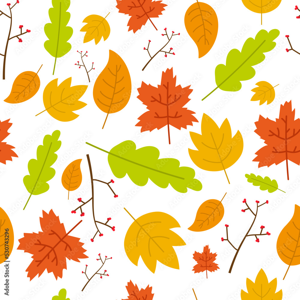 Autumn leaves seamless pattern on white background