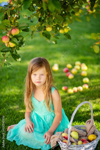 Little girl lying on the grass with scattered apples near the apple tree