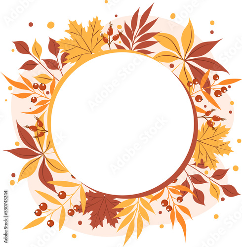 Autumn leaves frame, copy space. Circular shape with beautiful bright leavesaround. Design for greeting card or promotional poster. 