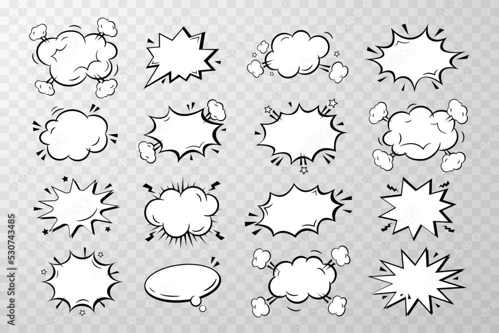 Naklejka premium Hand drawn collection of empty comic speech bubbles stickers with cloud, stars isolated. Pop art vector cartoon illustration in retro style. Design for comic book, poster, banner, card