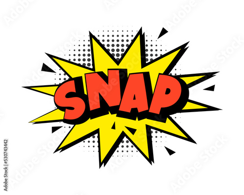 Snap comic word speech bubble icon with cloud, stars, rays and halftone effect background. Pop art vector cartoon illustration in retro style. Design for comic book, poster, banner
