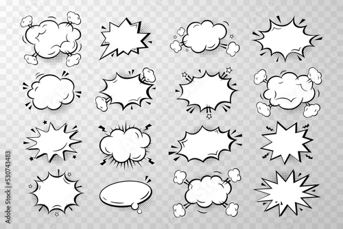 Hand drawn collection of empty comic speech bubbles stickers with cloud, stars, halftone shadows. Pop art vector cartoon illustration in retro style. Design for comic book, poster, banner, card