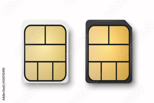 Vector 3d Realistic White and Black Plastic Nano Sim Card Template Set Isolated. Design Template of Sim Card for Mockup, Branding. Top View
