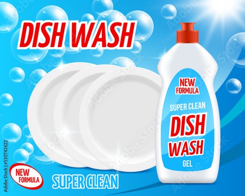 Detergent dishware cleaner bottle, plates and bubbles. 3d vector poster with dish wash liquid soap tube and clean platters on blue background. New formula of dishwasher, detergent dishware advertising