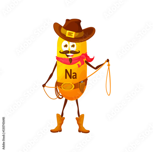 Sodium or natrium micronutrient cowboy character. Funny vector Na vitamin robber or bandit with lasso, wild west personage in wear hat, bandana, boots and belt. Texas western hero
