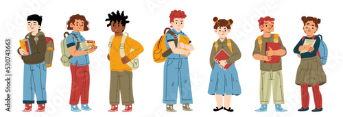 School students, cute children with backpacks and books. Diverse boys and girls, pupils studying together, classmates isolated on white background, vector flat illustration