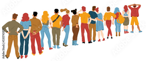 People queue from behind, male and female characters stand in line back view. Men and women wait in shopping mall, supermarket, atm, airport registration desk, Cartoon linear flat vector illustration