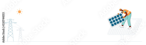 Worker set a panel at a solar power plant. Smart and green energy.