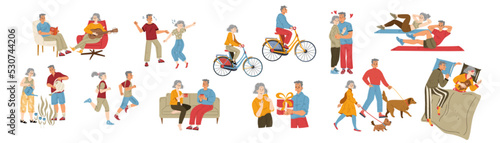 Active elderly characters hobby. Senior men and women riding bicycle, dating, sleeping, dance, exercising, gardening or travel. Aged people lifestyle, pensioner activity Cartoon linear flat vector set