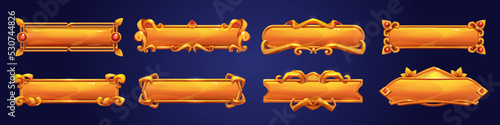 Golden game frames, medieval banners, buttons, ui menu elements, decorated gold borders with ornate rims. Empty royal gui bars for rpg or arcade, web design interface, Cartoon vector illustration, set