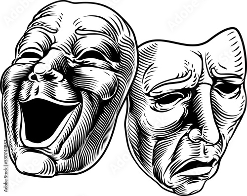 Theater or theatre drama comedy and tragedy masks in a vintage woodcut etching style