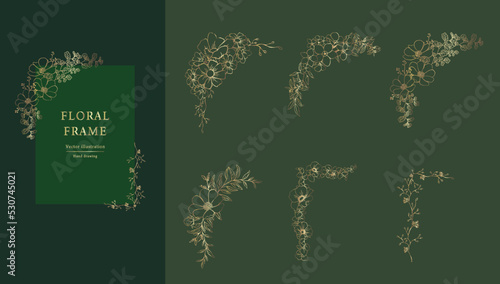 Botanical decorative frame design set . Gold line hand drawn floral borders and divider with branch vector illustration. Elegant line wedding herb, elegant leaves for invitation save the date card.