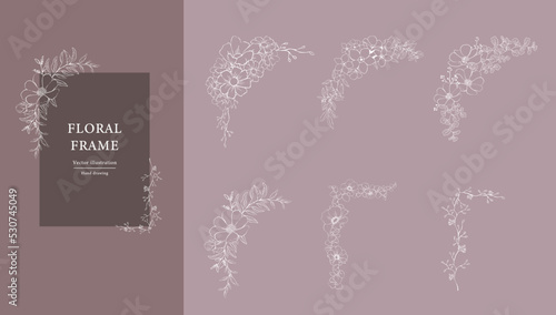 Botanical decorative frame design set . White line hand drawn floral borders and divider with branch vector illustration. Elegant line wedding herb, elegant leaves for invitation save the date card.