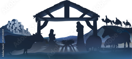 Traditional Christian Christmas Nativity Scene of baby Jesus in the manger with Mary and Joseph in silhouette. Surrounded by animals and wise men in distance with the city of Bethlehem