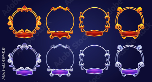 Ui game frames for avatar, gold and silver round borders with ornate rims and name plaques. Isolated cartoon graphic design gui elements for medieval rpg, mmo game or app, Vector illustration, set