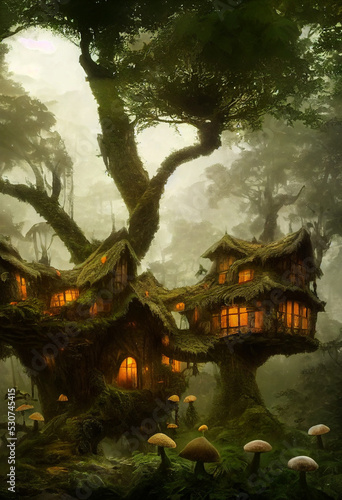 Fantastische Baumhäuser in dunklem Wald mit leuchtenden Fenstern