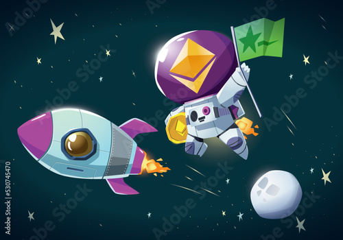 ETH space holding gold coin and flag with moon rocket star element